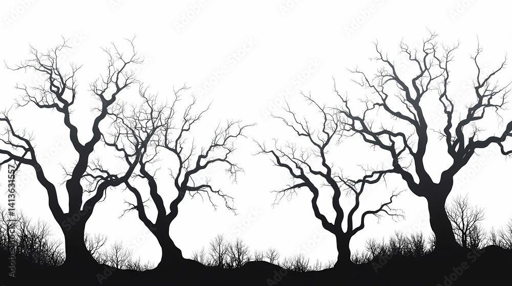 Obraz premium Barren Trees Silhouette Art: Eerie Black and White Abstract Forest Design