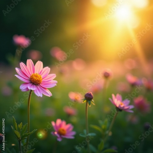 Glowing aura around flowers in morning sunlight, soft focus, flowers, light, natural