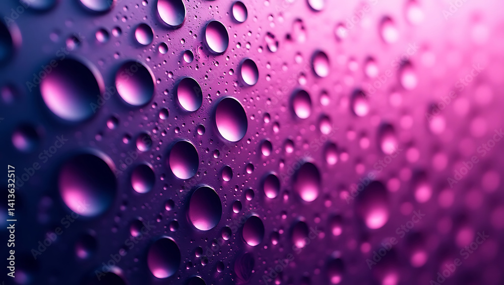 Close-Up of Water Drops on a Purple and Pink Gradient Surface with Reflections Close-Up of Water Drops on a Purple and Pink Gradient Surface with Reflections