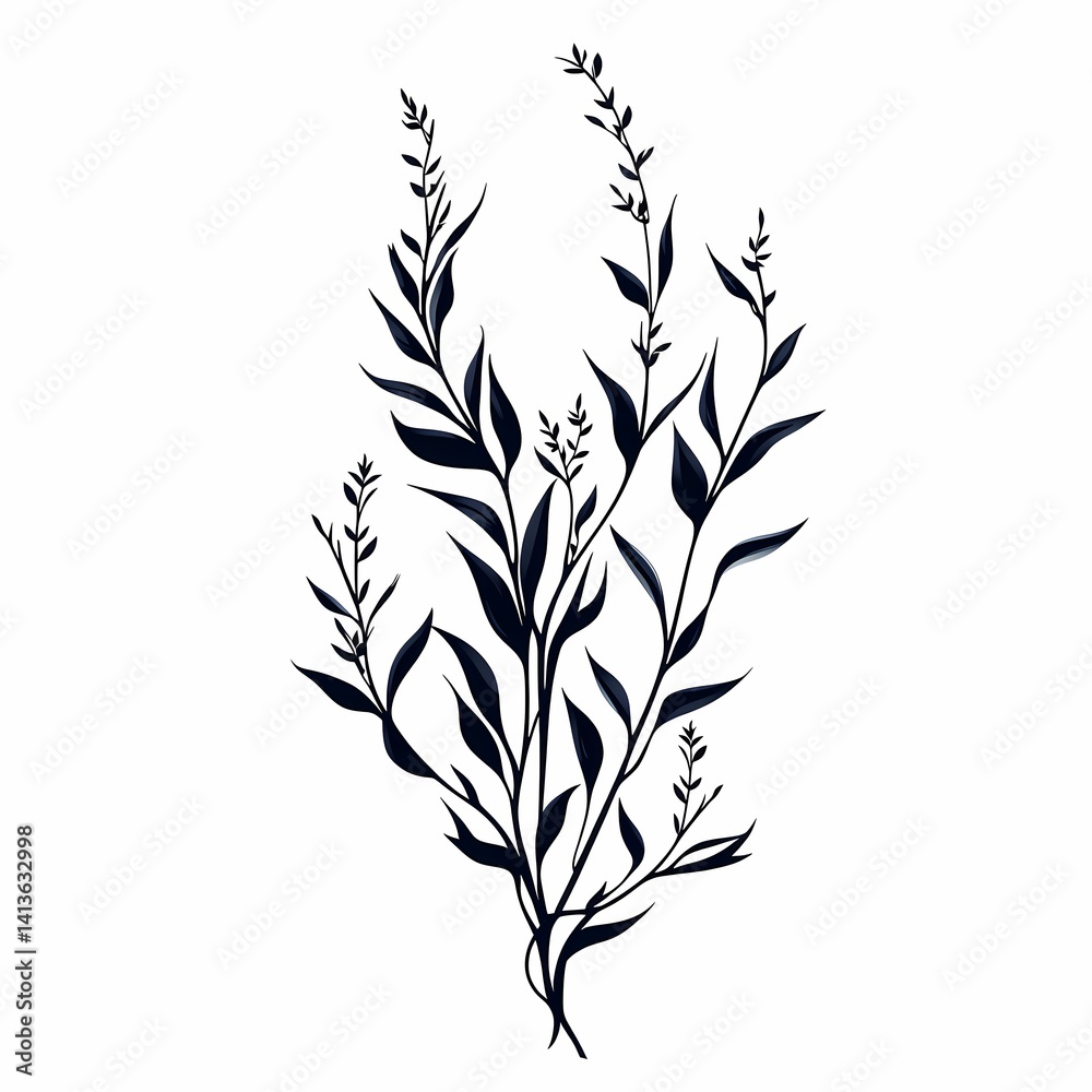 Fototapeta premium Modern Minimalist Botanical Illustration: Black and White Leaf Silhouette for Elegant Home Decor and Wellness Design