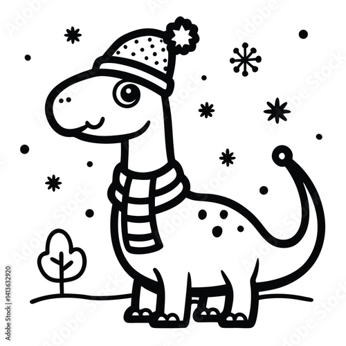 Cute Cartoon Dinosaur Wearing Winter Hat and Scarf
