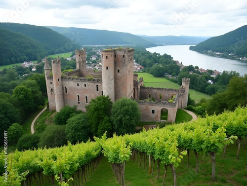Ruins of Ehrenfels Castle and vineyards on Rhine river near Ruedesheim and Bingen am Rhein, Germany. Rhine valley is popular tourist destination for river cruise and short vacation