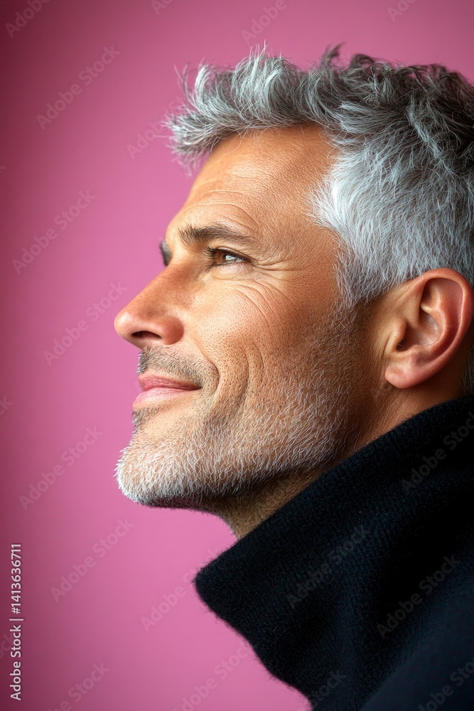 Fototapeta premium Pink solid background. Idea concept art of style for aging men. An expressive midlife man with a fashionable style. Trendy men's crew cut haircut - midlife white man with hair.