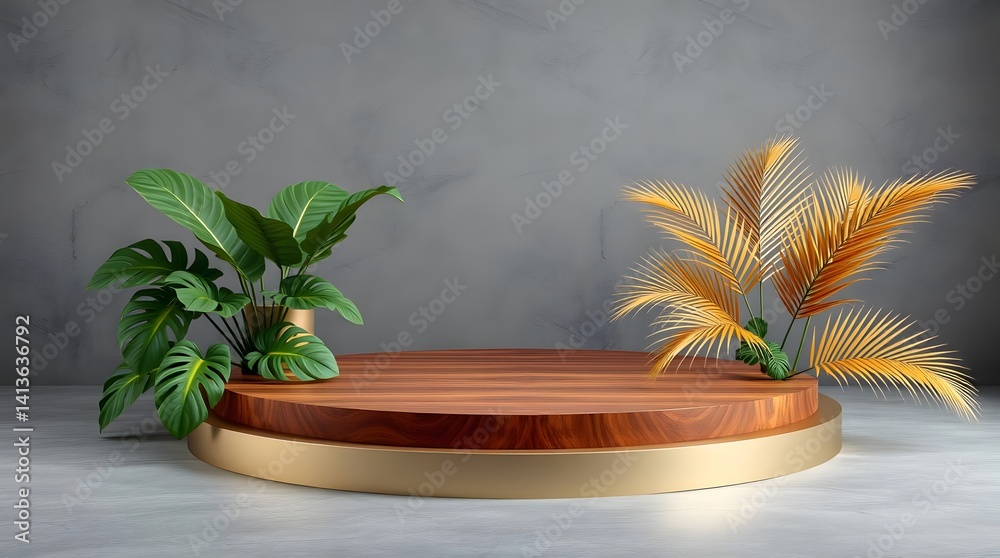 Obraz premium Clean Round Wood Podium with Subtle Greenery Accents
