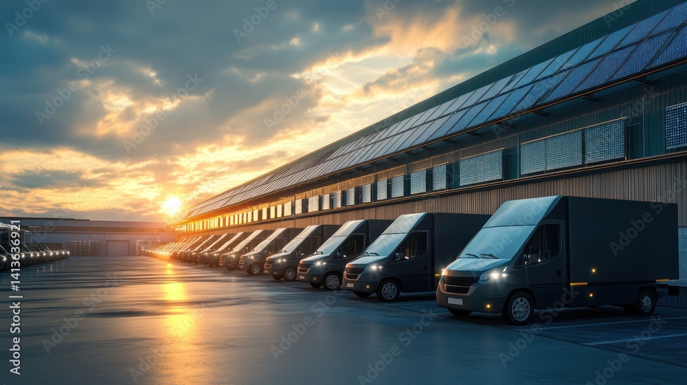 Naklejka premium Fleet of delivery trucks lined up at distribution warehouse during sunset