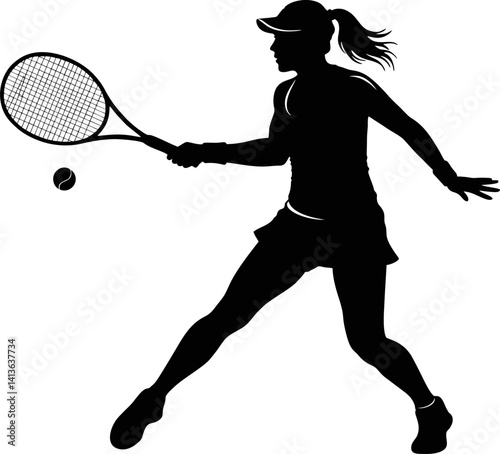 Female Tennis Player Silhouette in Backhand Swing – Dynamic Athletic Pose Vector