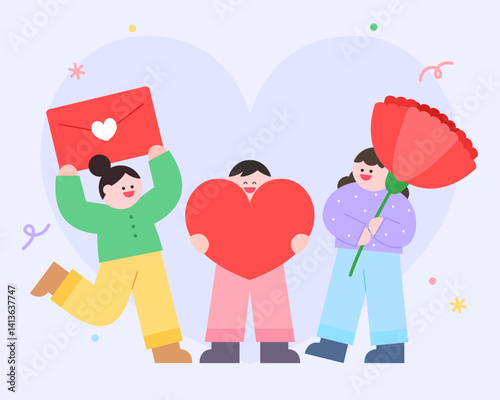 어버이날 스승의 날 가정의 달 편지와 꽃을 들고 감사와 사랑을 표현하는 귀여운 어린 아이들 일러스트