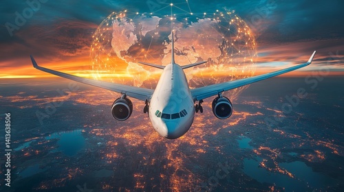 Airplane carrying cargo across skies symbolizing global trade, connecting cultures, and bridging continents photo