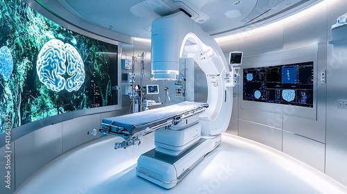 Modern medical suite with advanced imaging equipment & brain scan display
