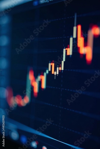 Close-up of fluctuating blue and orange stock market graph on computer screen, stock exchange, economy