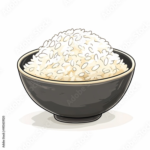 Delicious White Rice in Black Bowl. A Staple of Asian Cuisine and Healthy Eating