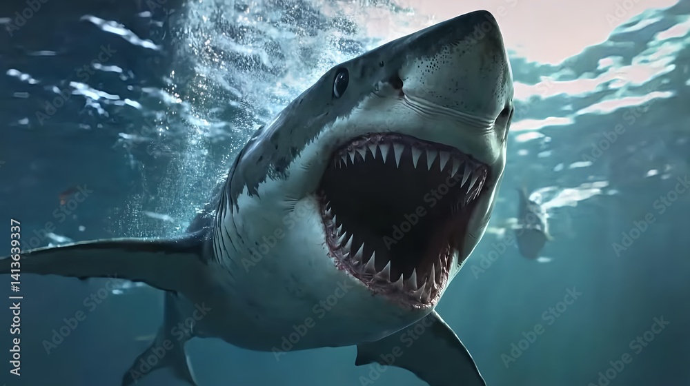 Naklejka premium Realistic Underwater Image of a Great White Shark in Action