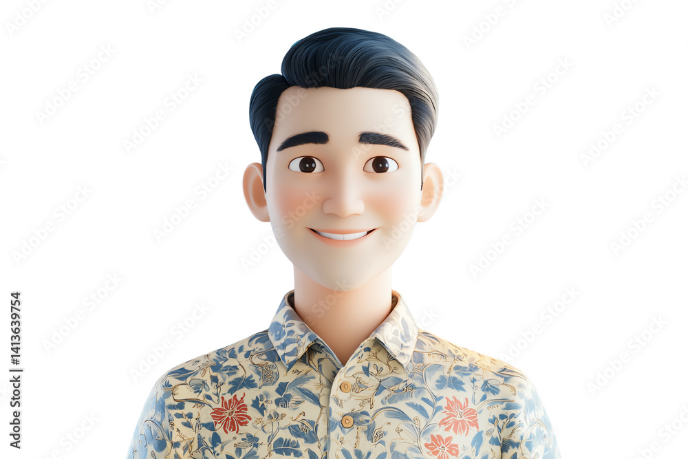 Friendly animated character in floral shirt, cheerful expression. transparent background Friendly animated character in floral shirt, cheerful expression. transparent background