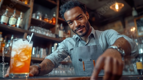 Obraz na płótnie Bartender presenting cocktail, bar, smiling, shelves, drinks w salonie