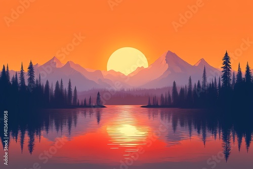 Sunset Reflection Over Mountain Lake: Vibrant Nature Photography and Tranquil Landscape Scenery