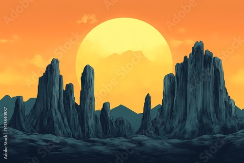 Majestic Silhouetted Mountain Landscape at Sunset: A Vibrant Digital Artwork with Warm Orange Hues