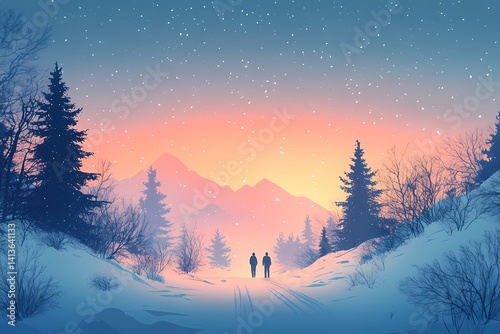 Majestic Winter Sunset: Silhouettes of Two Hikers Amidst Snow-Covered Mountains and Pine Trees in a Serene Landscape