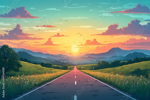 Sunset Over Scenic Winding Road and Distant Hills: Vibrant Digital Art of Tranquil Autumn Nature Scene