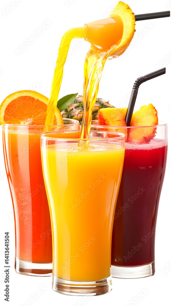Fresh Colorful Juices Pouring Into Glasses Against Transparent Background