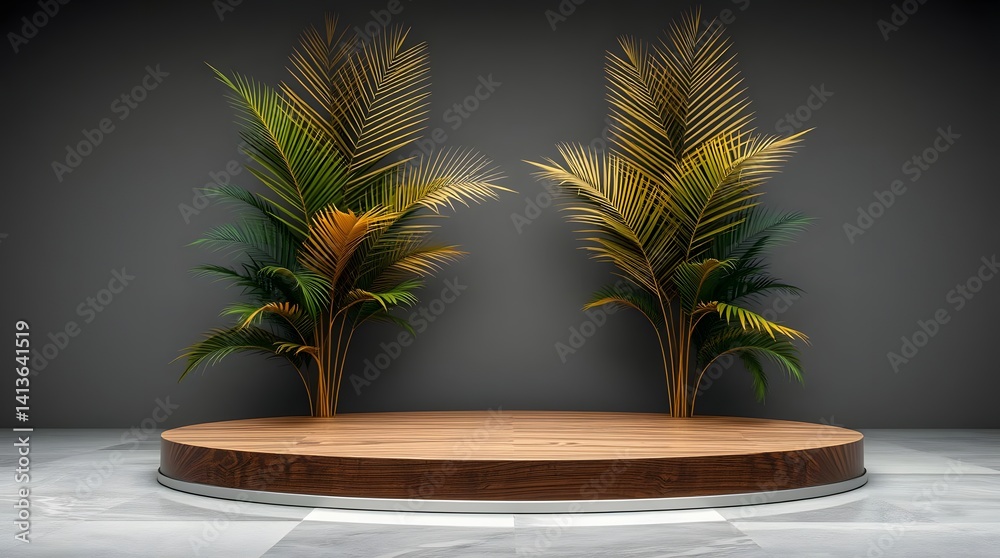 Obraz premium Podium Simple Wood Stand with Elegant Tropical Leaf Decor Against a Dark Wall