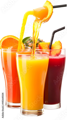 Obraz na płótnie Fresh Colorful Juices Pouring Into Glasses Against Transparent Background w salonie