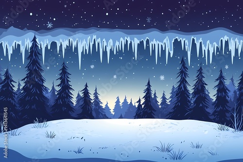 Starry Winter Night Landscape: Tranquil Snowy Forest with Frosty Pine Trees and Silhouetted Cabin under a Dreamy Blue Sky - Perfect Seasonal Holiday Background