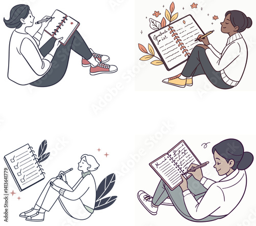 Self-Care & Mental Wellness Flat Illustration Set on White Background,