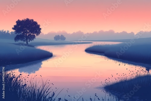 Peaceful River Landscape at Sunset: Serene Reflection and Vibrant Colors in Nature's Tranquil Horizon