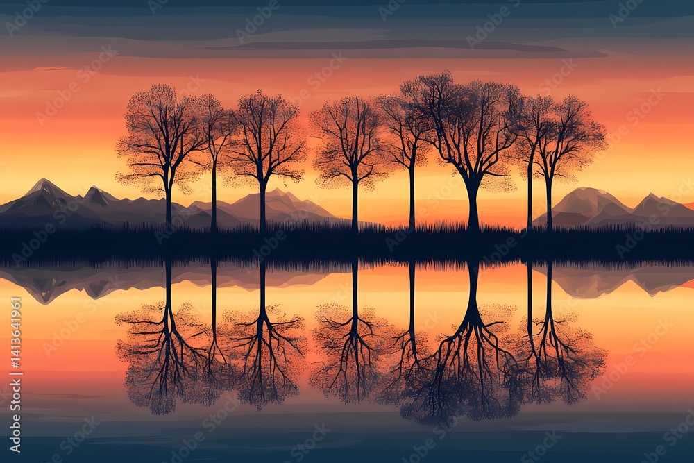 Obraz premium Serene Sunset Over Misty Mountains. Tranquil Nature Photography with Silhouetted Trees and Reflective Water