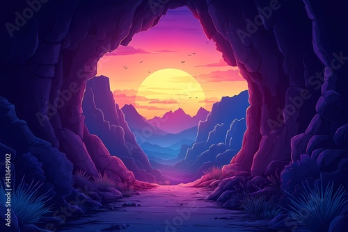 Vibrant Sunset Over Mountain Valley: Mystical Cave Landscape in Digital Art