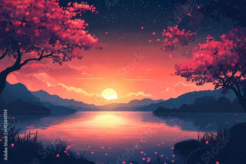 Serene Sunset Over Tranquil Lake. Captivating Nature Landscape with Vibrant Sky Reflection and Lush Foliage