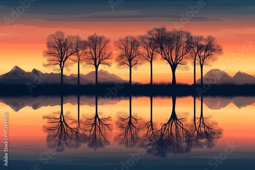 Serene Sunset Over Misty Mountains. Tranquil Nature Photography with Silhouetted Trees and Reflective Water