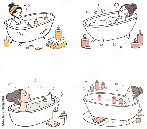 Self-Care & Mental Wellness Flat Illustration Set on White Background,