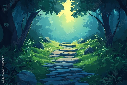 Tranquil Forest Pathway. Mystical Greenery and Sunlit Trees for an Idyllic Nature Escape