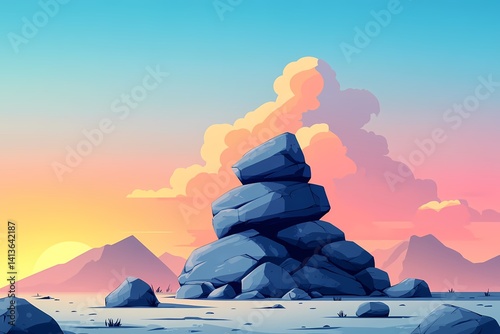 Vibrant Sunset Over Arid Mountain Landscape with Dramatic Sky and Gradient Colors. Scenic Tranquil Nature Artwork