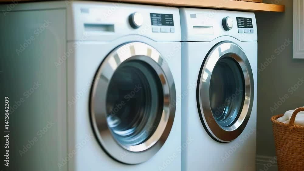 Modern laundry room featuring sleek washing machines with a wooden countertop and wicker basket nearby