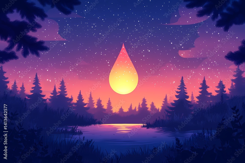 Fototapeta premium Moonlit Nightscape with Vibrant Colors: A Serene Digital Artwork of a Romantic Forest Scene