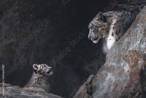 Snow leopard with cub in mountain rocks showing family bond and protection in natural habitat, emotional wildlife moment for conservation and nature themes photo