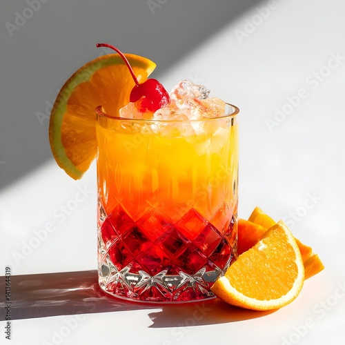 A refreshing Tequila Sunrise cocktail garnished with an orange slice and a maraschino cherry sits on a white background in bright sunlight.