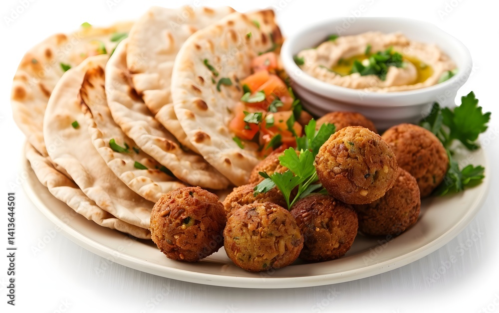 Plate of golden falafel balls, warm pita bread, and creamy hummus with parsley. Delicious Middle Eastern appetizer. Plate of golden falafel balls, warm pita bread, and creamy hummus with parsley. Delicious Middle Eastern appetizer.