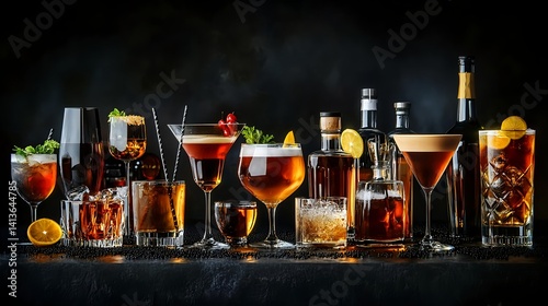 Diverse Selection of Colorful Cocktails and Alcoholic Beverages