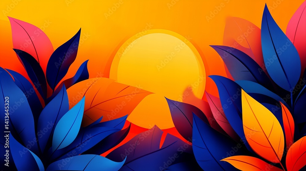 Fototapeta premium Yellow sun shines brightly above stylized leaves in shades of blue, orange, and pink against a vibrant orange sky.