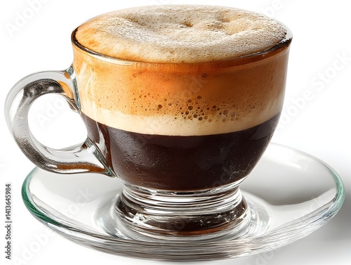 A delicious cup of macchiato coffee sits on a clear glass saucer ready to be enjoyed.