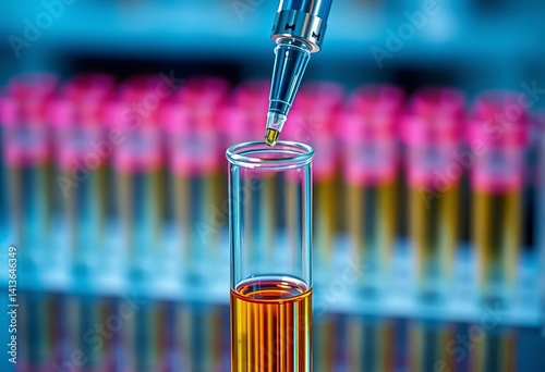 Close-up of precision micropipette dispensing liquid into a test tube, micropipette,  fluid