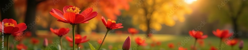 Close up of red equinox flowers against a backdrop of colorful autumn foliage in park, close up, red
