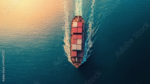 Aerial view of container ship transporting goods for import and export in the open sea, showcasing logistics and global trade with copy space for design. photo