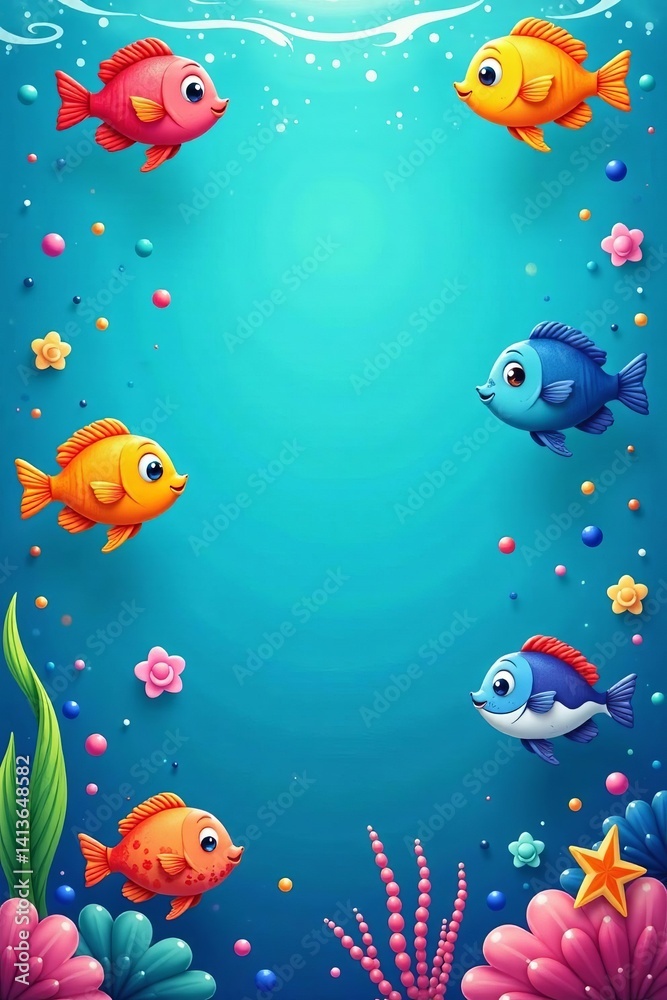 Naklejka premium - Colorful cartoon fish in blue sea background seamless pattern, marine, sea life