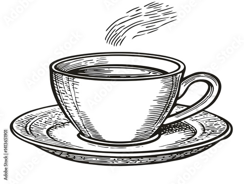 Ink Drawing Of A Coffee Cup On Saucer With Steam Isolated On White Background