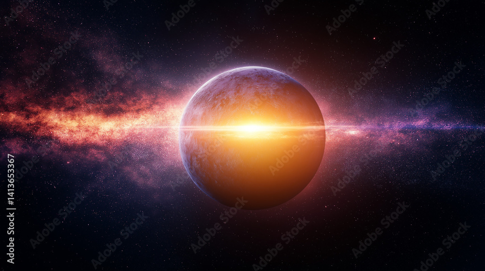 Fototapeta premium Celestial sphere: A mesmerizing image featuring a celestial body floating serenely amidst a vibrant cosmic display, the universe's majesty in full view.