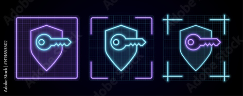 Security shield key illustration, cyber neon visual, glowing border grid vector.	
